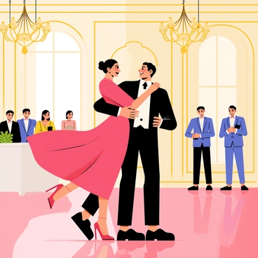 A couple sharing a romantic dance in an opulent ballroom. The man wears a classic black tuxedo, while the woman is dressed in an elegant, flowing red gown. Their expressions convey joy and affection as they gaze into each other's eyes. The ballroom is adorned with grand chandeliers hanging from the ceiling and gold-trimmed walls. There are ornate decorations and a polished wooden floor reflecting the soft light. Guests in the background watch with smiles, creating an atmosphere of celebration and love.
