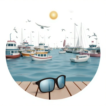 A busy harbor filled with various boats of different sizes and colors, including fishing boats and sailboats gently bobbing on the water. Seagulls are flying overhead, some perched on the boats while others dive towards the water. In the foreground, a pair of glasses rests on a wooden wharf, reflecting the scene in the lenses. The sun is shining brightly, casting a warm glow over the harbor, and the sounds of waves lapping against the docks can almost be felt.