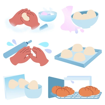 A kitchen countertop is covered with flour, and a pair of hands is kneading a ball of dough. The dough is smooth and elastic, with flour lightly dusted around it. Next to the dough, a bowl filled with additional flour and a rolling pin are present. In the background, there is a bowl with ingredients like yeast, water, and salt. 

After kneading, the dough is placed in a bowl and covered with a cloth, placed near a warm window. The dough has risen significantly, showing a soft, puffy texture. 

Later, the risen dough is divided into sections and shaped into loaves. Each loaf has a smooth surface and is set on a baking tray lined with parchment paper. 

Next, the loaves are placed in an oven, with a slight steam rising as they bake. The oven door is slightly ajar, allowing a glimpse of the muffins cooking inside. 

Finally, the scene shows golden-brown loaves being taken out of the oven and placed on a wire cooling rack.