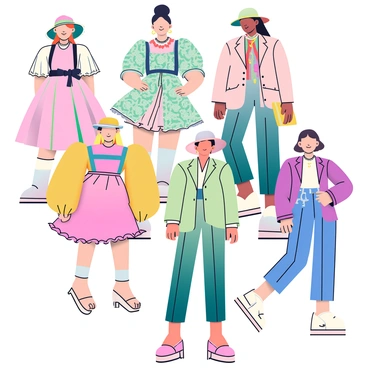 A collage featuring multiple fashion illustrations arranged in an artistic composition. The illustrations include a variety of garments such as flowing dresses, tailored suits, and avant-garde outfits. Each outfit showcases a different color palette and fabric texture, including vibrant hues, soft pastels, and intricate patterns. Accessories like oversized hats, bold jewelry, and stylish handbags are integrated into the designs. The illustrations are outlined in fine black lines, creating a sense of cohesion among the diverse styles presented. This composition captures the essence of contemporary fashion with a playful and imaginative approach.