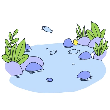 A riverbank featuring clear water with several fish jumping out of the surface, creating splashes. The bank is lined with various green plants and grasses that sway gently in the breeze. Sunlight filters through the leaves, casting playful shadows on the ground. In the background, a few rocks are partly submerged in the water, adding texture to the scene.