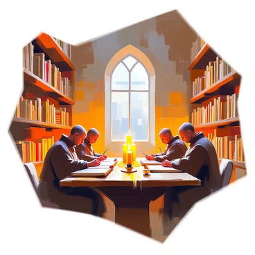 A monastic library featuring rows of wooden shelves filled with ancient books and manuscripts. In the center, three monks with shaved heads and brown robes are diligently transcribing manuscripts. They are seated at sturdy wooden tables, each covered with parchment and ink pots. The warm glow of candlelight illuminates the scene, casting flickering shadows on the stone walls. A large window behind the monks allows a soft, muted light to filter in, highlighting the dust particles in the air. The atmosphere is quiet and focused, with the monks fully immersed in their work.