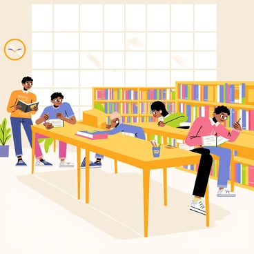A high school library filled with wooden bookshelves stacked with colorful books. Several students are seated at long wooden tables, each focusing on their studies. A girl with glasses is reading a thick book, while a boy is writing notes in a notebook. Another student is using a laptop, with a cup of colorful pens beside them. Large windows allow sunlight to stream in, illuminating the space and creating a warm atmosphere. "Quiet" signs are visible on the walls, reminding students to maintain silence as they study.