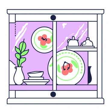 A set of ceramic plates is neatly arranged on a wooden shelf inside a cabinet. Each plate features intricate illustrations of cherries, with vibrant details capturing the fruit's shape and texture. The cabinet has glass doors, allowing a clear view of the plates. The background of the shelf is lined with a soft cloth, enhancing the presentation of the plates. A small decorative vase is placed to the side, adding to the overall composition.