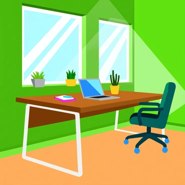 An office with vibrant green walls that create a refreshing atmosphere. Sunlight streams through large windows, casting bright, warm light across the room. A modern wooden desk is positioned near the windows, adorned with a sleek laptop and neatly arranged stationery. There are potted plants on the windowsill and a comfortable chair beside the desk. The floor is polished wood, adding a natural touch to the space. The overall composition emphasizes a bright and inviting workspace.