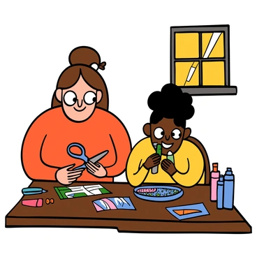 A light-skinned parent with big eyes and brown hair is sitting at a wooden table in a cozy home environment. They are working together with a light-skinned child with big eyes and curly hair. The parent is holding a pair of scissors while the child is applying glue to colorful paper. Both are smiling, displaying joy while focusing on their craft project. The table is covered with various craft supplies such as markers, glitter, and construction paper. A window in the background lets in warm sunlight, enhancing the cheerful atmosphere.
