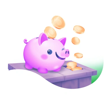 A cute piggy bank with a smiling face and glossy pink surface sits on a wooden table. Shiny coins are being poured into its slot, creating a cascading effect. The coins reflect light, showcasing their metallic surfaces. In the background, the texture of the wooden table is visible, adding warmth to the scene.