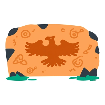 A prehistoric cave wall with a depiction of a thunderbird among other ancient symbols
