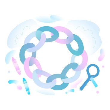 A colorful paper chain made by children is displayed, with each link in a different vibrant color. The chain is connected in a circular formation, creating a sense of unity and togetherness. Scattered around the chain are a few colorful crayons and a set of safety scissors, indicating the crafting process. In the background, there are faint outlines of children's drawings on a large sheet of paper. The scene conveys a playful atmosphere.