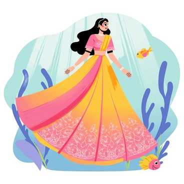 A bride wearing a vibrant lehenga that cascades and flows like water. The lehenga is adorned with intricate silver embroidery that glimmers under the water. The bride's long, dark hair floats gracefully around her, and she has delicate pearl accessories in her hair. The underwater setting is filled with soft blue and green hues, with light rays filtering through the surface, creating a magical ambiance. Fish in various colors swim nearby, adding to the enchanting scene.