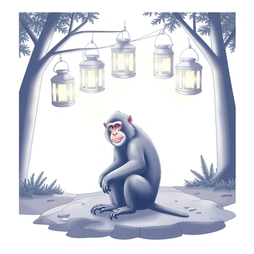 A mandrill is sitting on a rocky surface, its vibrant facial features and colors prominently displayed. Several hanging lanterns are arranged above, casting a soft glow in the surroundings. The lanterns are intricately designed, with patterns visible in the light they emit. The background consists of silhouettes of trees, their branches extending upward, framing the scene. The ground is uneven, with patches of grass and small stones scattered around, adding to the natural environment. The overall atmosphere conveys a tranquil evening in the wild.