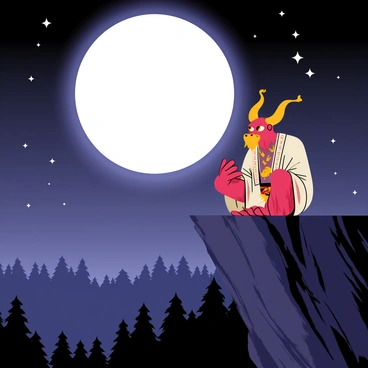An oni with red skin and large horns is sitting on the edge of a rocky cliff. The oni has a fierce but contemplative expression, with intense eyes reflecting the light of the bright full moon above. The full moon is large and luminous, casting a soft glow over the scene. Below the cliff, a dark forest can be seen, blending into the night. Stars twinkle in the clear sky surrounding the moon. The oni is dressed in traditional clothing, with intricate patterns visible on the fabric. The atmosphere is one of quiet solitude as the oni gazes thoughtfully at the moon.