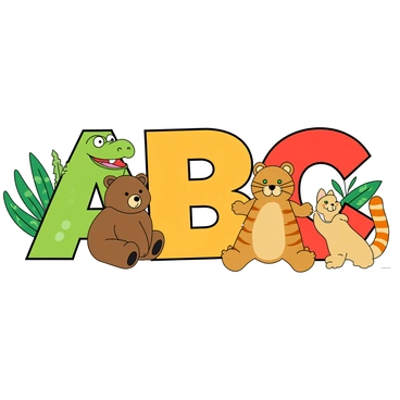A playful scene filled with cute animals representing the letters "A," "B," and "C." An adorable alligator with bright green scales is positioned next to a big letter "A." The alligator has round, friendly eyes and a wide smile. Next to it, there is a fluffy brown bear sitting beside a large letter "B." The bear has a small nose and big ears, looking cheerful and inviting. Finally, there is a cute tabby cat with orange stripes, playfully posed next to a vibrant letter "C." The cat has bright green eyes and is playfully swishing its tail. The background features colorful foliage, enhancing the playful atmosphere.