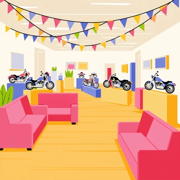 The interior of a motorcycle clubhouse featuring a warm wooden floor. Colorful flags hang from the ceiling, creating a vibrant atmosphere. There are several leather couches arranged in a cozy seating area, inviting members to relax. In the background, various motorcycles are displayed on pedestals, showcasing their sleek designs and shiny chrome details. The walls are adorned with motorcycle memorabilia, adding to the character of the space.