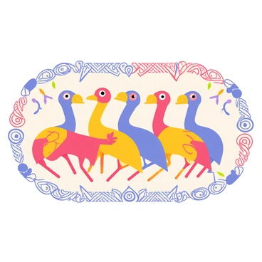 A vibrant piece of tribal art featuring stylized moa motifs