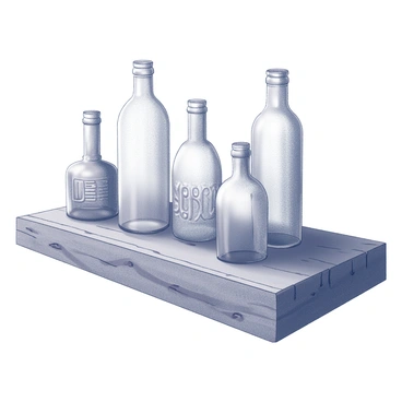 A rustic wooden shelf supports a collection of antique glass bottles. The bottles vary in shape and size, featuring subtle curves and elegant necks. Each bottle is adorned with intricate patterns and textures, reflecting their age and history. The wood of the shelf has visible grain and knots, enhancing its rustic appearance. The background is blurred, focusing on the bottles and the details of the wood.