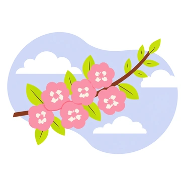 A branch covered in "delicate apple blossoms" with soft pink petals and bright green leaves. The blossoms are clustered together, showcasing their intricate details. In the background, there is a "clear blue sky" with a few fluffy white clouds scattered throughout, enhancing the vibrant colors of the blossoms. The sunlight gently illuminates the flowers, making them appear fresh and lively.