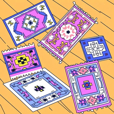 A collage featuring a variety of cultural rug designs. Each rug showcases distinct patterns and colors, reflecting different cultural styles. The rugs include intricate geometric shapes, floral motifs, and traditional symbols. They are arranged artistically on a wooden floor, with warm tones of the wood contrasting with the vivid colors of the rugs. The edges of each rug are slightly curled, adding texture to the scene.