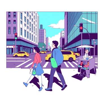 A group of pedestrians is crossing a busy intersection in a vibrant city. The individuals include a woman carrying a teal handbag, a man in a blue jacket, and a child holding a red balloon. In the background, tall buildings with large glass windows reflect the sunlight. Traffic lights are visible, showing red and green signals. Vehicles are waiting at the intersection, and there are yellow taxis moving along the road. Street vendors with colorful carts can be seen on the sidewalks, adding to the lively atmosphere.