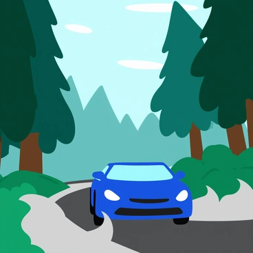 A sleek, blue car is driving away down a winding road surrounded by a dense, misty forest. Tall, lush trees with dark green leaves tower on either side of the road, their trunks partially obscured by the thick mist. The car’s headlights cut through the fog, illuminating the asphalt surface ahead. Wisps of mist curl around the tires as the vehicle speeds away, creating a sense of movement and adventure. The forest appears vibrant and alive, with hints of sunlight filtering through the branches above.