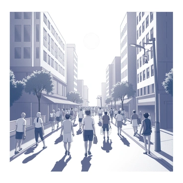 A busy city street filled with pedestrians. Numerous people are walking along the sidewalk, some are carrying bags. A few people are standing still, using their hands or small fans to cool themselves. The buildings on either side rise high with a mix of glass and concrete facades. The street is lined with streetlights and small trees providing slight shade. The sun is positioned high in the sky, casting distinct shadows of the people and objects onto the pavement.