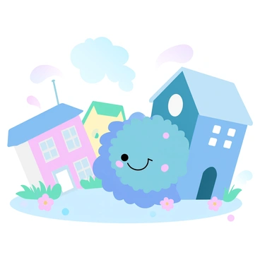 A friendly monster with vibrant fur is playfully hiding behind a bright blue building. The monster has large rounded shapes and whimsical features. Nearby, there are buildings painted in various pastel colors, including pink, green, and yellow. Some of the buildings have large windows and decorative awnings. The ground is filled with soft grass, and a few colorful flowers are scattered around. A playful scene of hide and seek is depicted, with the monster peeking out from its hiding spot, creating a sense of fun and excitement.