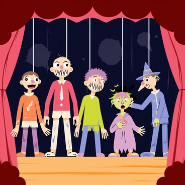 A puppet theater with a wooden stage adorned with velvet curtains. The theater is dimly lit, casting shadows that enhance the eerie atmosphere. Various puppets are positioned in frozen, unnatural poses, with exaggerated facial features, including wide eyes and sinister grins. The puppets include a tall, lanky figure dressed in tattered clothing, a small puppet with oversized, jagged teeth, and a spooky witch with a long nose and a crooked hat. Strings dangle from above, connecting the puppets to the unseen puppeteer. The background is filled with dark, mysterious shapes that add to the unsettling vibe of the scene.