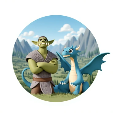 An orc, with green skin and wearing rugged armor decorated with tribal patterns, stands proudly with his muscular arms crossed. He has sharp tusks protruding from his lower jaw and wears a fierce expression. Next to him is a friendly dragon, with vibrant blue scales and large, outstretched wings. The dragon's eyes are bright and expressive, conveying a sense of companionship. They both gaze out over a vast valley filled with lush greenery, towering mountains in the background, and a clear blue sky above. The orc and dragon have a strong bond, reflected in their relaxed postures as they enjoy the beautiful scenery together.