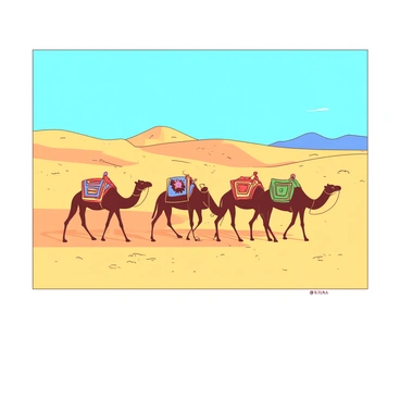 A group of camels is crossing a vast expanse of a golden desert. The camels are lined up in a caravan, each carrying colorful woven saddlebags. The bright sun casts long shadows on the soft, golden sand, illuminating the grains and creating a shimmering effect across the landscape. In the background, gentle dunes rise and fall, creating a sense of depth in the endless desert. The sky above is a brilliant blue, contrasting with the warm tones of the desert below.
