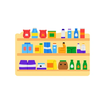 A neatly arranged retail shelf displaying a variety of colorful products. The shelf features rows of neatly organized items, including bright packages of snacks, vibrant bottles of drinks, and assorted household goods. Each product is distinct, showcasing various colors such as red, blue, yellow, and green. The shelf has a light wood finish and is set against a neutral background, creating a pleasing contrast that highlights the vibrant products.