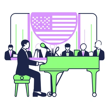 A musician is seated at a grand piano, playing the national anthem during an inauguration ceremony. The piano is polished and shiny, reflecting the surrounding lights. The musician is wearing a formal black suit and a white shirt, with a focused expression as they play. A microphone is positioned in front of them, capturing the performance. In the background, a large banner with the national flag is draped across the stage, and several attendees are seated in rows, facing the performer. The atmosphere is formal and celebratory, highlighting the significance of the event.