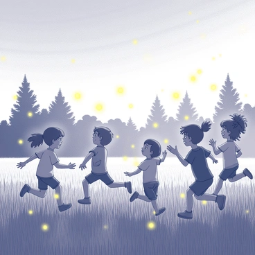 A group of children running joyfully in an open field filled with tall grass. They are reaching out towards numerous glowing fireflies that illuminate the twilight air. The children are of diverse appearances, with varying hairstyles and clothing styles, each with expression of wonder and excitement. The fireflies are scattered across the scene, each one glowing softly in the fading light of dusk. In the background, silhouettes of trees stand against the dimming sky, adding depth to the scene. The atmosphere conveys a sense of adventure and magic, as each child tries to capture the elusive glow of a firefly.