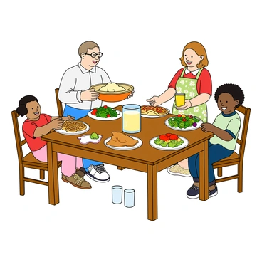 A cheerful family gathered around a wooden dining table, sharing a meal made from a variety of leftovers. The table is adorned with mismatched plates, each containing colorful portions of food, such as roasted chicken, pasta, and a salad with vibrant greens and tomatoes. The father, with short hair and glasses, is serving a large bowl of mashed potatoes, while the mother, with wavy hair and wearing a floral apron, is smiling at their two children. The older child, a girl with pigtails, reaches for a slice of pizza, while the younger child, a boy with curly hair, is excitedly pointing at a dish of fruit salad. The atmosphere is lively, with laughter and conversation filling the air. A jug of lemonade sits in the center of the table alongside a few empty glasses.