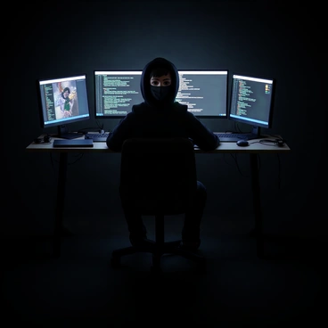 A masked hacker with short dark hair is sitting in a dimly lit room. The hacker is wearing a black hoodie and gloves, creating an air of anonymity. In front of them is a sleek black keyboard, and their fingers are actively typing. Surrounding the hacker are multiple screens, each displaying lines of code and various digital graphics, casting a faint glow in the dark space. The room is cluttered with wires and electronic equipment, emphasizing a high-tech environment. A shadowy ambiance envelops the scene, highlighting the focus on the hacker's intense concentration.