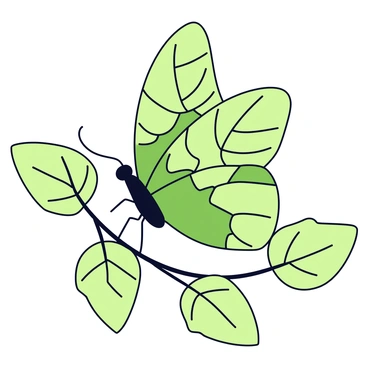 A butterfly with wings that mimic the texture of leaves. The wings are a vibrant green with various shades, featuring intricate vein patterns that resemble those found in real leaves. The body of the butterfly is slender and a darker green, seamlessly blending with the wings. The butterfly is perched on a small twig, surrounded by soft green foliage.