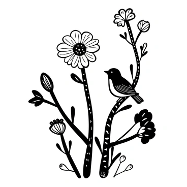 A sparrow perched on a branch surrounded by blooming geraniums