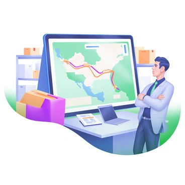 A logistics manager standing in an office, looking intently at a large digital map displayed on a screen. The map shows various transport routes highlighted in different colors. The office features modern furniture, including a sleek desk with a laptop and some paperwork. There are shelves in the background filled with boxes and logistics materials. The manager is wearing a smart outfit and has a thoughtful expression, focusing on optimizing the routes displayed on the screen.