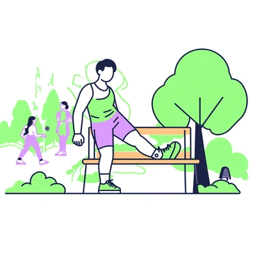 A person is practicing leg extensions while using a park bench for support. The individual is wearing athletic clothing, consisting of a fitted tank top and shorts. They are positioned with one leg extended out in front, while their other foot is planted on the ground. The park bench is wooden with a simple design. Surrounding them are green trees creating a natural backdrop, and sunlight filters through the leaves, casting soft shadows on the ground. In the distance, there are a few people walking along a path, enjoying the sunny day.