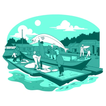 A teal coastal fishing village is bustling with activity as fishermen are unloading a large white grouper from their vibrant boat. The boat is moored at the dock, and several fishermen are working together to lift the fish onto the wooden platform. The villagers in the background are observing, while some are busy preparing fishing nets and sorting through their catch. The sun is shining over the water, reflecting off the gentle waves, creating a lively scene.