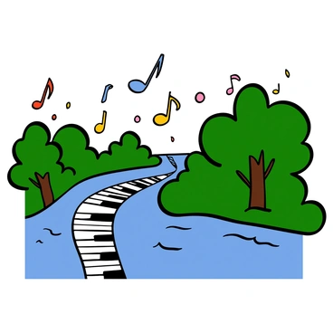 A river flowing with long piano keys instead of water, creating a smooth and continuous surface that glistens. Brightly colored musical notes are floating gently above the keys, dancing in the air. The scene features green banks lined with lush trees that provide a vibrant backdrop. Some of the piano keys have small ripples, suggesting movement, while the notes vary in size and color, adding a whimsical touch to the overall composition. The atmosphere is lively, evoking a sense of music and rhythm in nature.