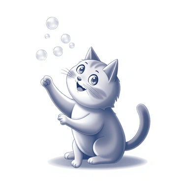 A fluffy cat is positioned on a soft surface, with its body slightly crouched as it prepares to pounce. Its eyes are wide with curiosity, locked onto several delicate soap bubbles floating near its nose. The bubbles reflect light, creating a glimmering effect. The cat's paw is poised in mid-air, ready to swat at a bubble, while its ears are perked up in excitement. The background is softly blurred, drawing focus to the playful interaction between the cat and the floating bubbles.