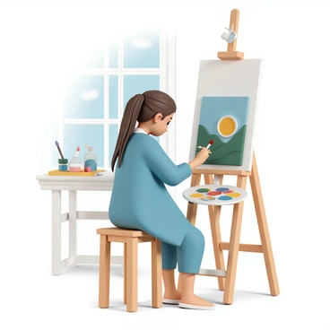 A young girl, wearing a blue smock, is sitting on a wooden stool in front of an easel. She has long brown hair tied back in a ponytail. The easel holds a large canvas where she is painting a colorful landscape scene. The palette beside her is filled with bright paints, including reds, yellows, and greens. She is focused on her brushwork, with a few strokes of paint already on the canvas. Around her, there are other art supplies scattered, including brushes and a jar of water. The classroom has large windows letting in natural light, illuminating her workspace.