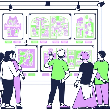 A collection of historical illustrations is arranged in a prominent display at the V&A Awards exhibition. Each illustration is framed elegantly, showcasing a variety of themes from different historical periods. Some illustrations depict intricate designs, while others feature detailed scenes of daily life and significant events. The display includes labels beneath each piece, providing context and information about the artists and their work. The setting is well-lit, allowing the colors in the illustrations to stand out. Visitors are seen observing the illustrations, some taking notes or discussing the pieces with companions.