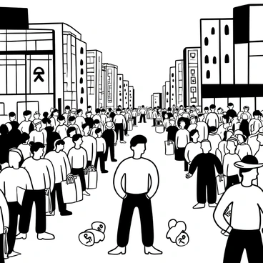 A person standing in the center of a crowded place, surrounded by many figures with blank, staring eyes. The person has a look of confusion and concern. The crowd is composed of indistinct figures, all gazing in the same direction with an expressionless demeanor. Various objects like shopping bags, umbrellas, and hats are scattered among the crowd. The environment is filled with a mix of tall buildings and street signs, creating a bustling urban atmosphere.