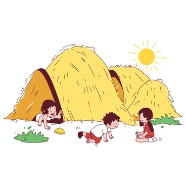 A group of children is playing hide-and-seek among tall yellow haystacks in a sunlit farm field. One child is peeking out from behind a large haystack, with a big smile on their face. Another child is crouched down, trying to hide, while a third child is counting with their eyes closed in the middle of the field. The sun is shining brightly, casting playful shadows on the ground, and there are patches of green grass scattered among the haystacks. The scene captures the joy and excitement of childhood games in a vibrant, outdoor setting.