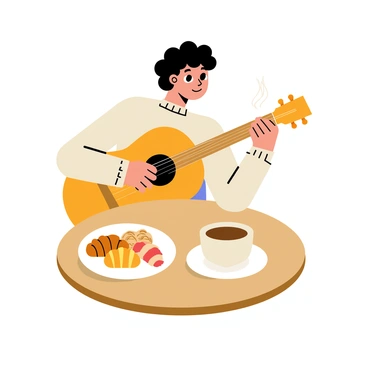 A musician playing a guitar while sitting at a table with coffee and pastries during fika