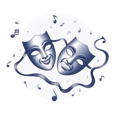 A poster featuring two dramatic masks, one smiling and the other frowning, positioned prominently at the center. The masks are intricately designed with ornate details, showcasing elegant features. Surrounding the masks are flowing musical notes that dance around them, creating a sense of rhythm and movement in the composition. The background is filled with subtle patterns that enhance the overall sophistication of the design. The title of the opera is displayed at the top in an elegant font, adding to the classic feel of the poster.