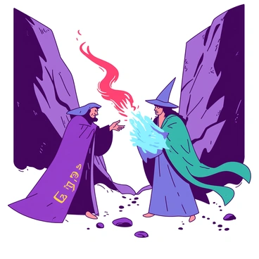 Two powerful wizards are standing in a rocky canyon, facing each other with intense focus. The first wizard has a long purple robe adorned with golden runes and is casting a vibrant red spell that spirals into the air. The second wizard, wearing a flowing teal cloak, counters the attack with a brilliant blue shield that shimmers in the sunlight. The rocky walls of the canyon rise sharply around them, casting dramatic shadows on the ground. Dust and small rocks are kicked up around their feet as their spells collide, creating a dazzling display of light and color.