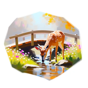 A roe deer with a reddish-brown coat is grazing peacefully on the lush green grass near a rustic wooden bridge. The bridge, made of weathered timber, spans over a small, gently flowing stream. Wildflowers are scattered around the area, adding pops of color to the scene. The sunlight filters through the leaves of nearby trees, casting soft dappled shadows on the ground. The deer is alert, occasionally lifting its head to survey its surroundings while nibbling on the vegetation.