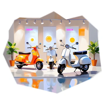 A showroom displaying vintage mopeds alongside informational insurance banners